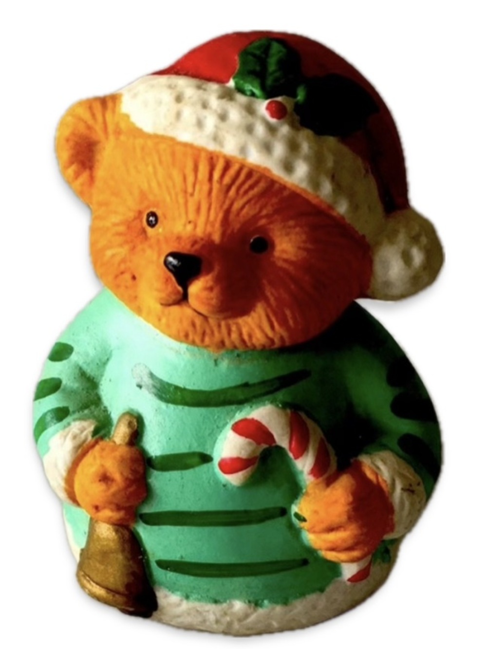 Vintage Christmas Bear Bell Figurin Ornament Santa Hat Candy Cane NWOT